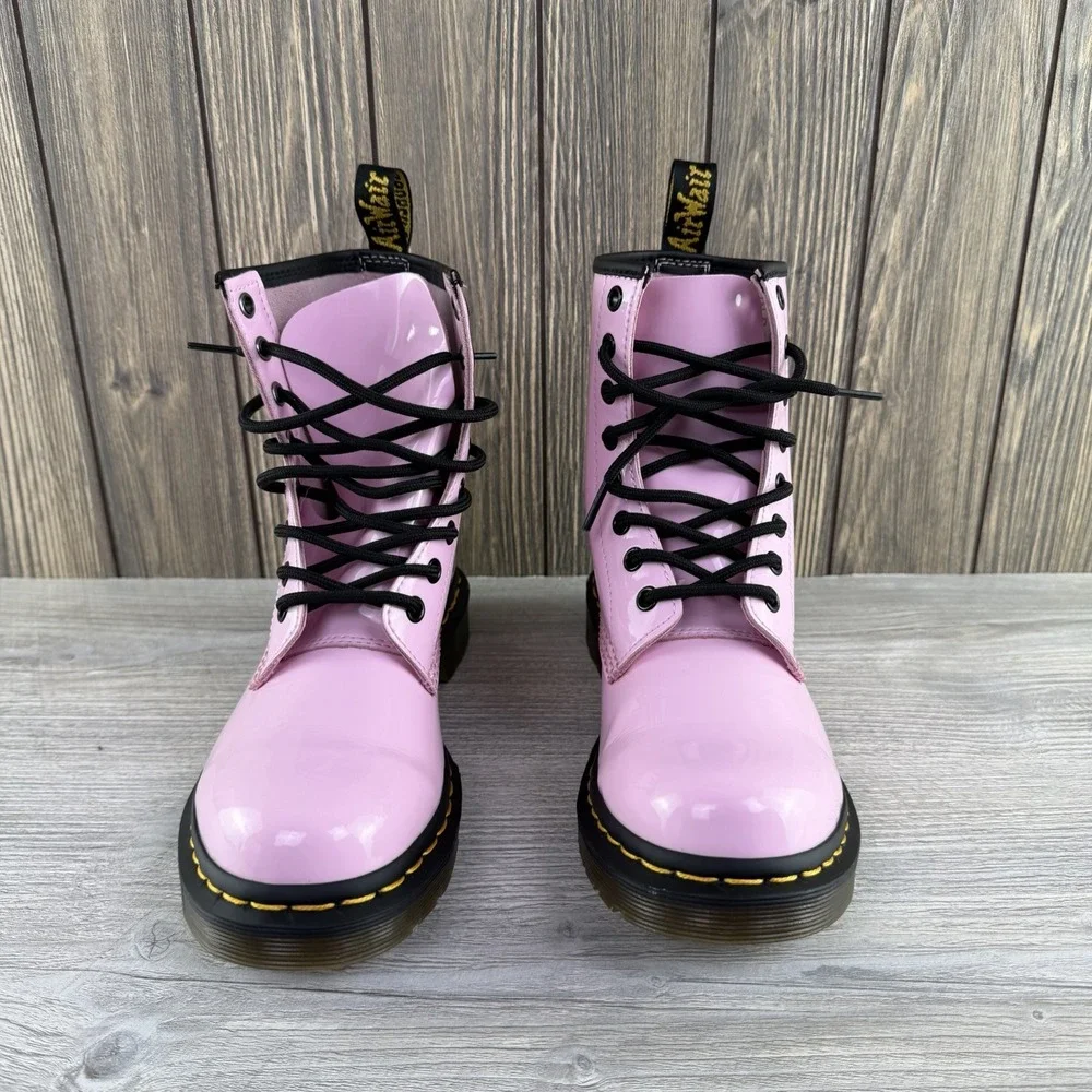 Dr Doc Martens Pink Black Combat Boots Barbie Patent Leather Women Size 7